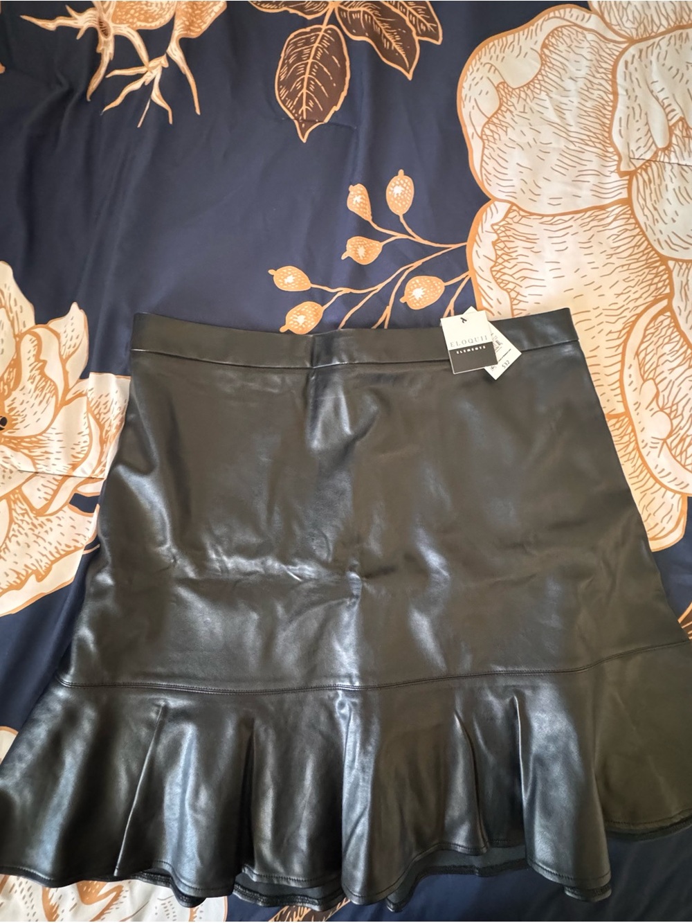 Eloquii Black Faux Leather Ruffle-Hem A-Line Skirt